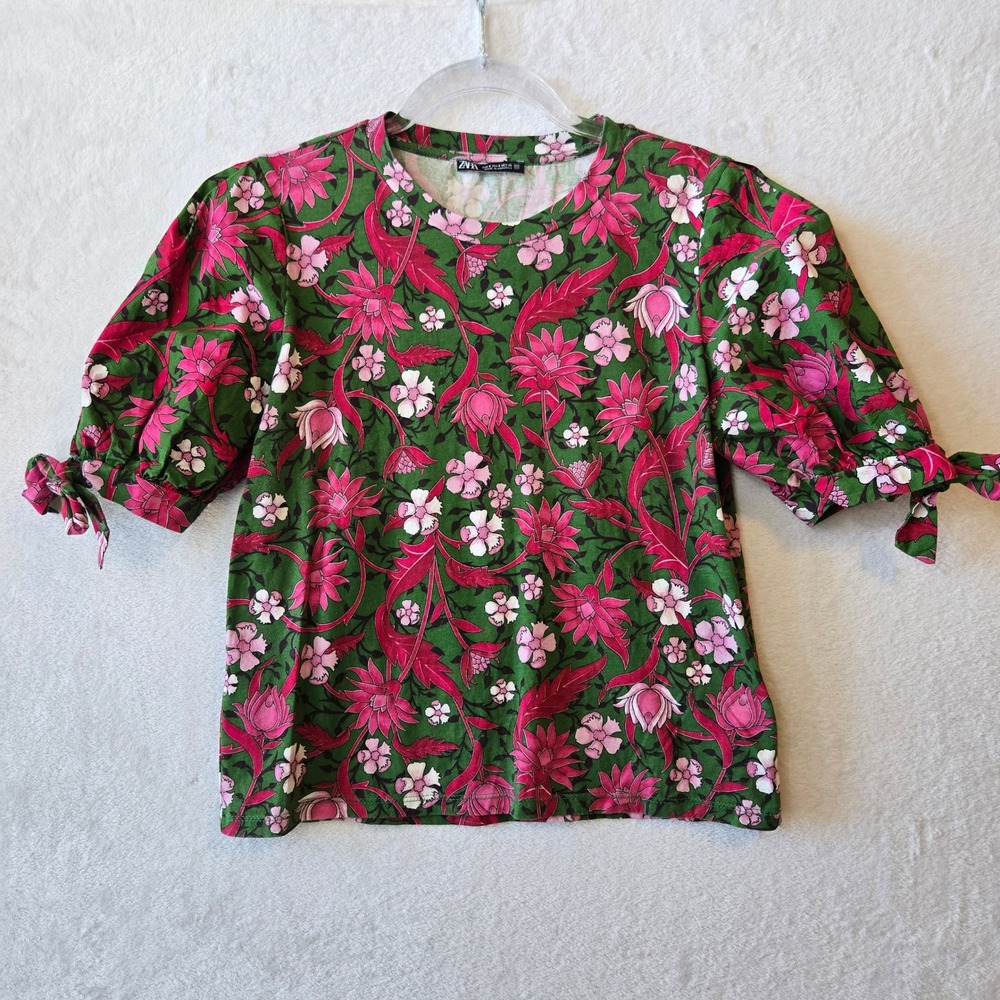 Zara Womens Floral Puff Sleeve Top Cotton Casual Boho Green Pink Size S - Picture 2 of 10